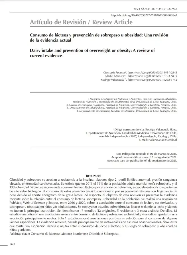 Consumo de lácteos y prevención de sobrepeso u obesidad: Una revisión de la evidencia actual